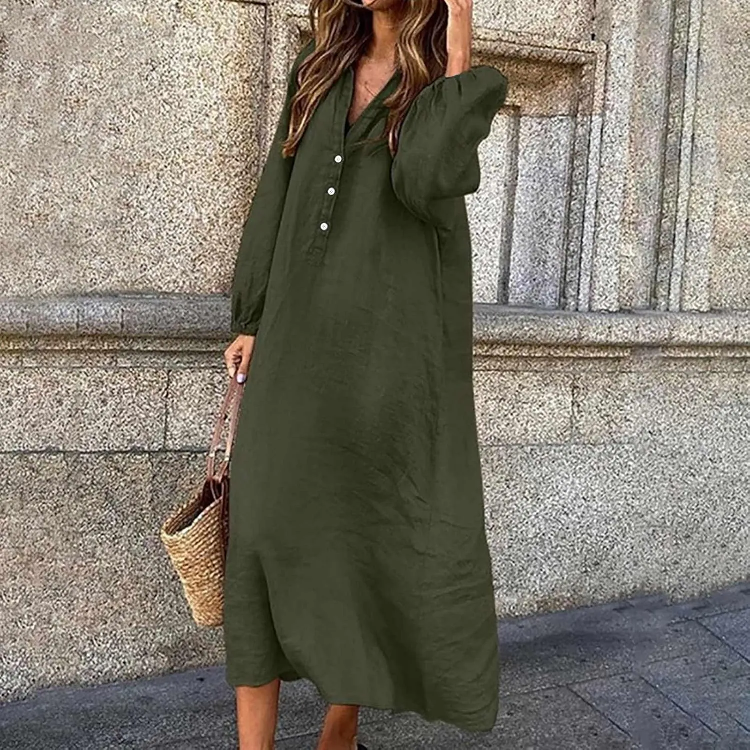 Cotton Linen Dress for Women 2024 Fall Winter Long Sleeve Button Down Dresses Causal Loose Flowy Maxi Dresses Party