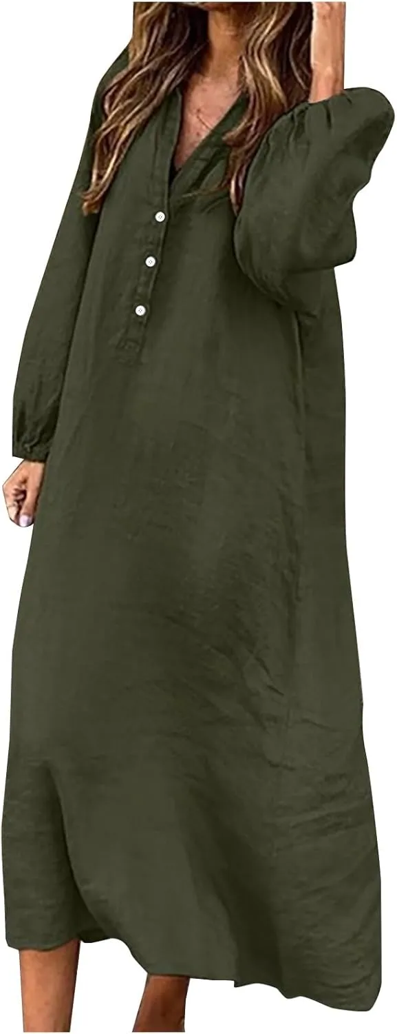 Cotton Linen Dress for Women 2024 Fall Winter Long Sleeve Button Down Dresses Causal Loose Flowy Maxi Dresses Party
