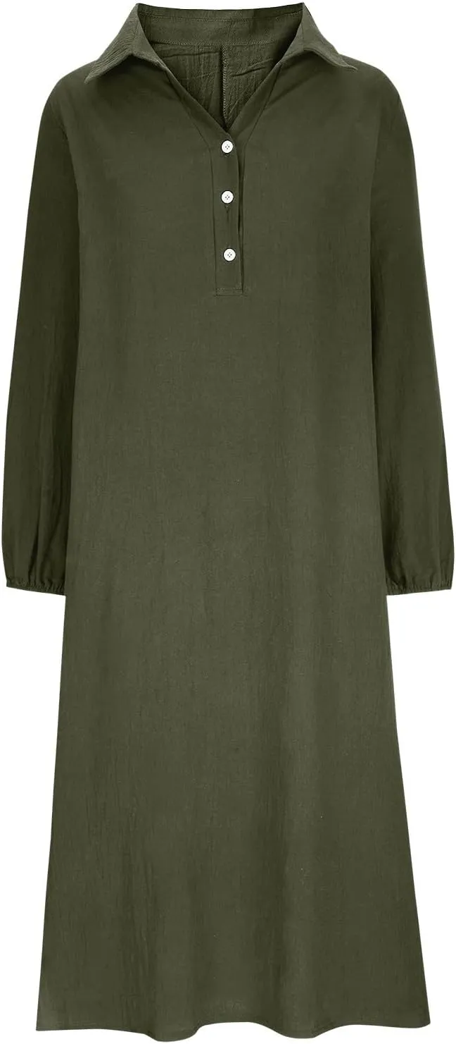 Cotton Linen Dress for Women 2024 Fall Winter Long Sleeve Button Down Dresses Causal Loose Flowy Maxi Dresses Party