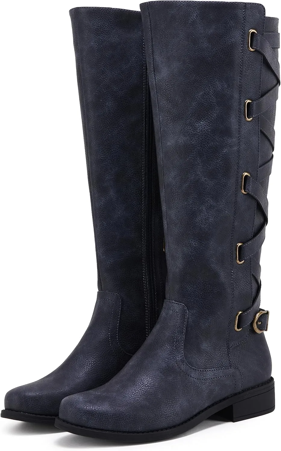 Coutgo Womens Lace Up Knee High Boots Motorcycle Riding Flat Low Heels Strappy Winter Combat Boots
