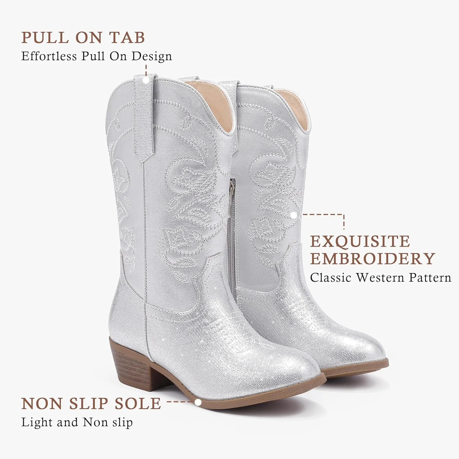 Cowgirl Boots for Girls Mid Calf Youth Girl Cowboy Western Boots Pointed Toe Embroidered for Horse Riding Country Party Toddler Little Big Kids