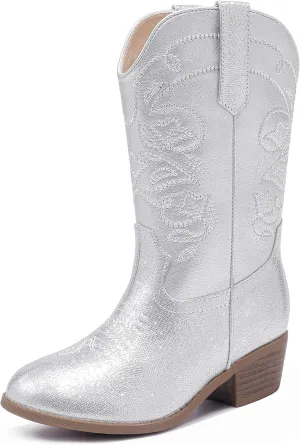 Cowgirl Boots for Girls Mid Calf Youth Girl Cowboy Western Boots Pointed Toe Embroidered for Horse Riding Country Party Toddler Little Big Kids