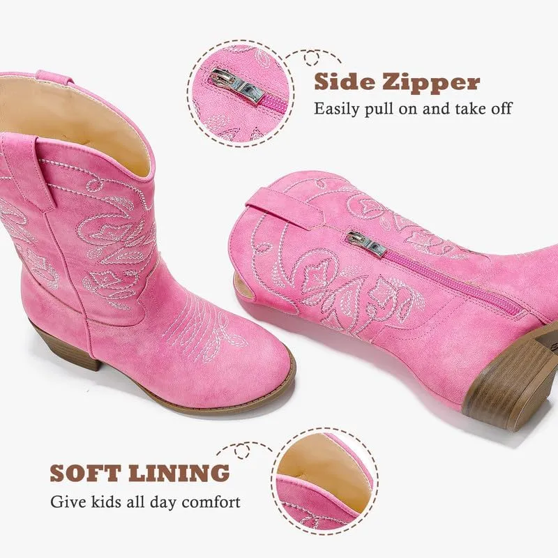 Cowgirl Boots for Girls Mid Calf Youth Girl Cowboy Western Boots Pointed Toe Embroidered for Horse Riding Country Party Toddler Little Big Kids