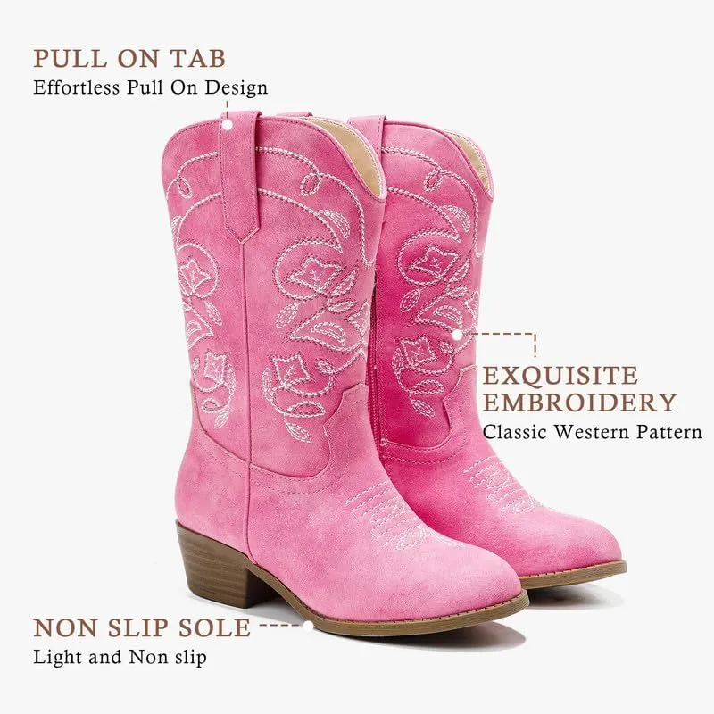 Cowgirl Boots for Girls Mid Calf Youth Girl Cowboy Western Boots Pointed Toe Embroidered for Horse Riding Country Party Toddler Little Big Kids