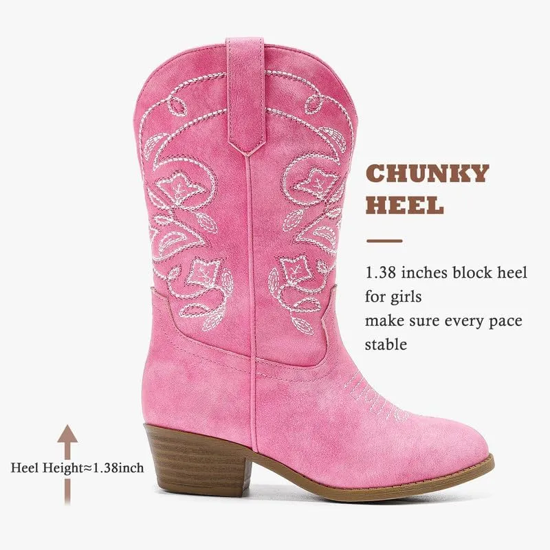 Cowgirl Boots for Girls Mid Calf Youth Girl Cowboy Western Boots Pointed Toe Embroidered for Horse Riding Country Party Toddler Little Big Kids