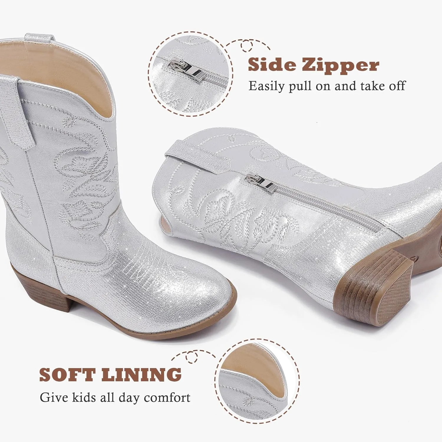 Cowgirl Boots for Girls Mid Calf Youth Girl Cowboy Western Boots Pointed Toe Embroidered for Horse Riding Country Party Toddler Little Big Kids