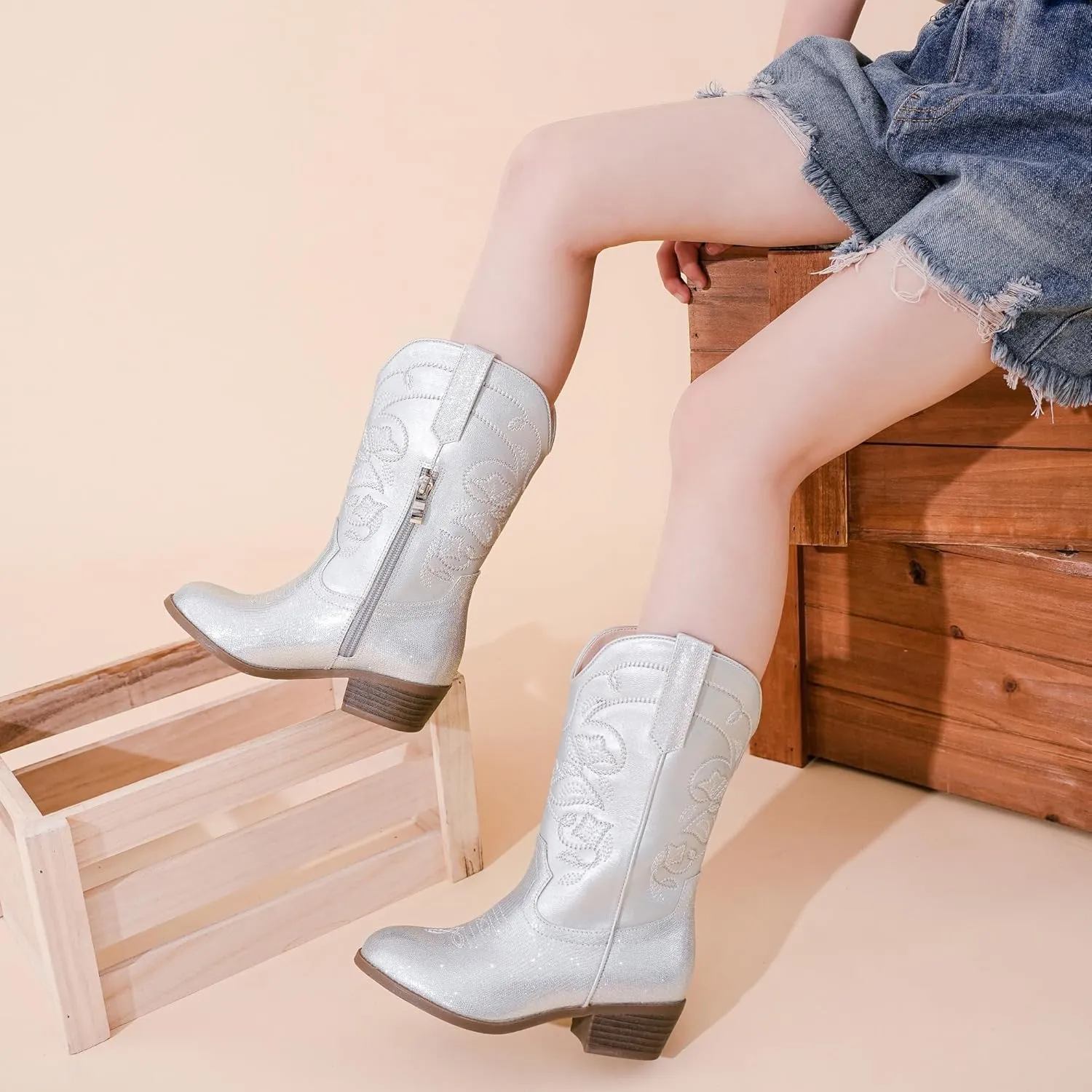 Cowgirl Boots for Girls Mid Calf Youth Girl Cowboy Western Boots Pointed Toe Embroidered for Horse Riding Country Party Toddler Little Big Kids