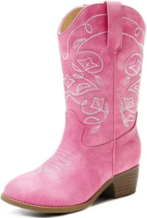 Cowgirl Boots for Girls Mid Calf Youth Girl Cowboy Western Boots Pointed Toe Embroidered for Horse Riding Country Party Toddler Little Big Kids