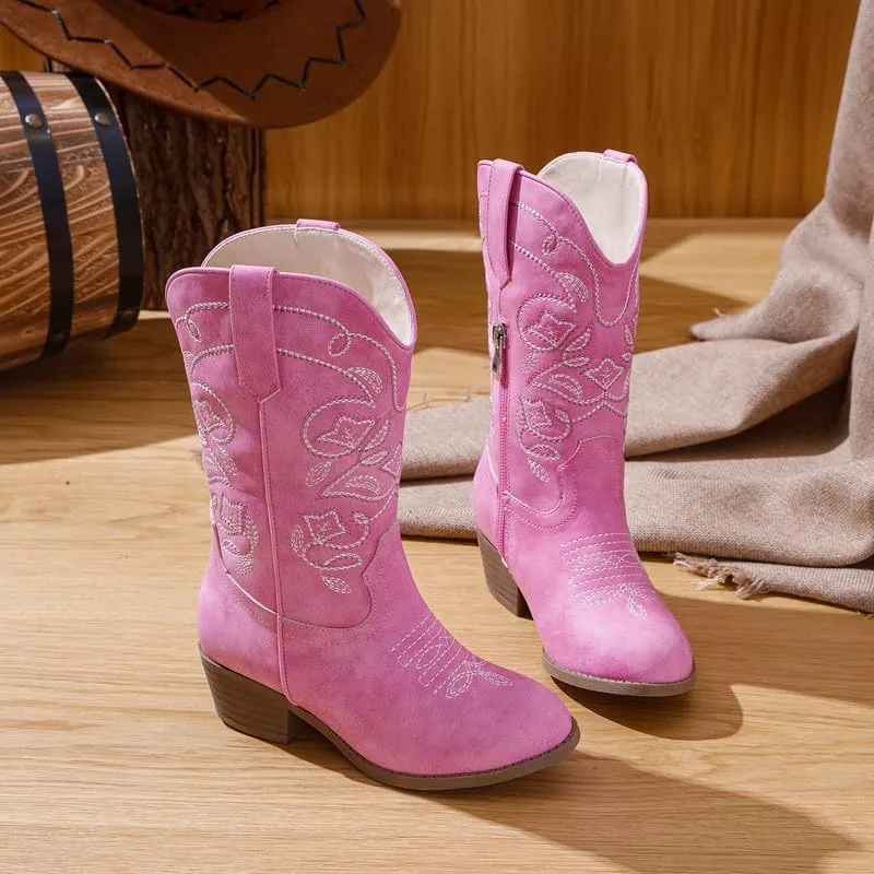 Cowgirl Boots for Girls Mid Calf Youth Girl Cowboy Western Boots Pointed Toe Embroidered for Horse Riding Country Party Toddler Little Big Kids