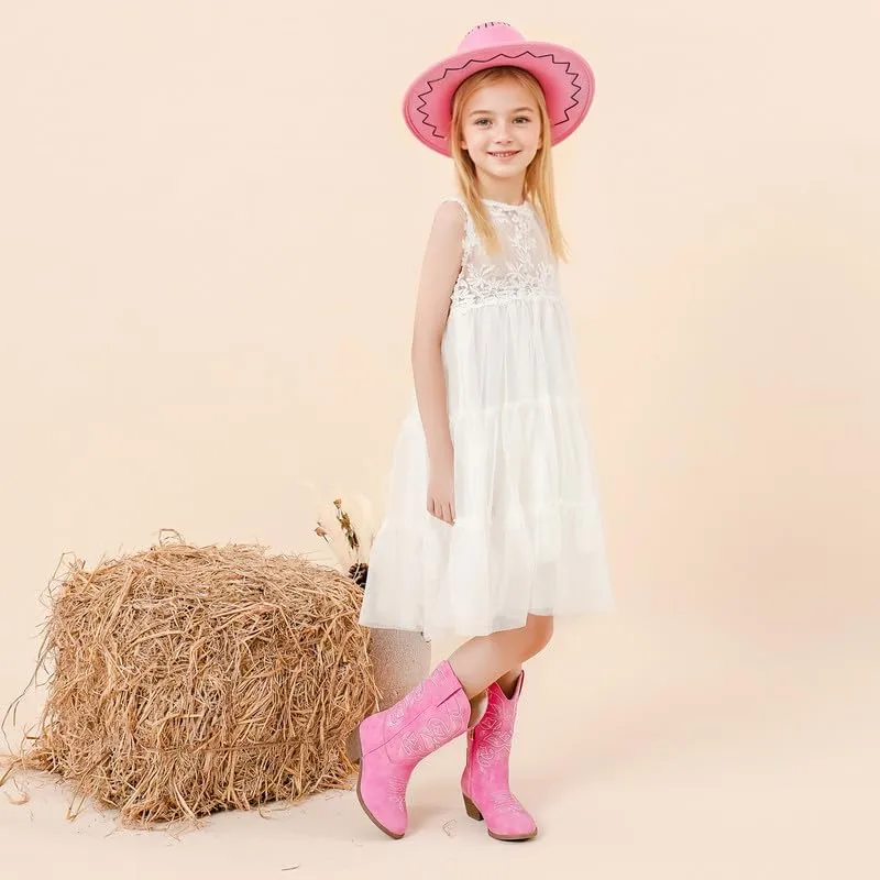 Cowgirl Boots for Girls Mid Calf Youth Girl Cowboy Western Boots Pointed Toe Embroidered for Horse Riding Country Party Toddler Little Big Kids