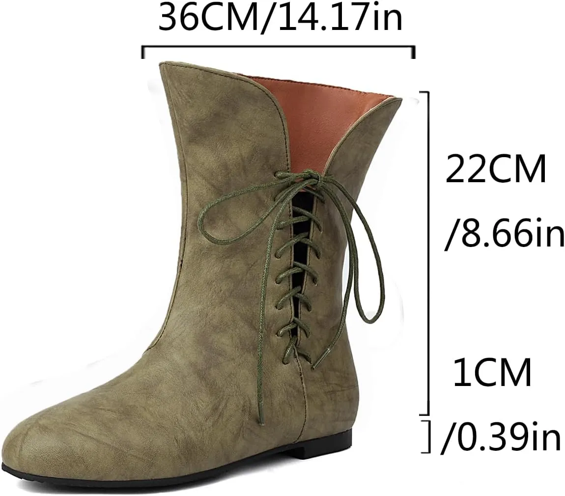 Cozivwaiy Women Vintage Flats Short Boots Lace up Comfortable Boots Round Toe Pirate Cosplay