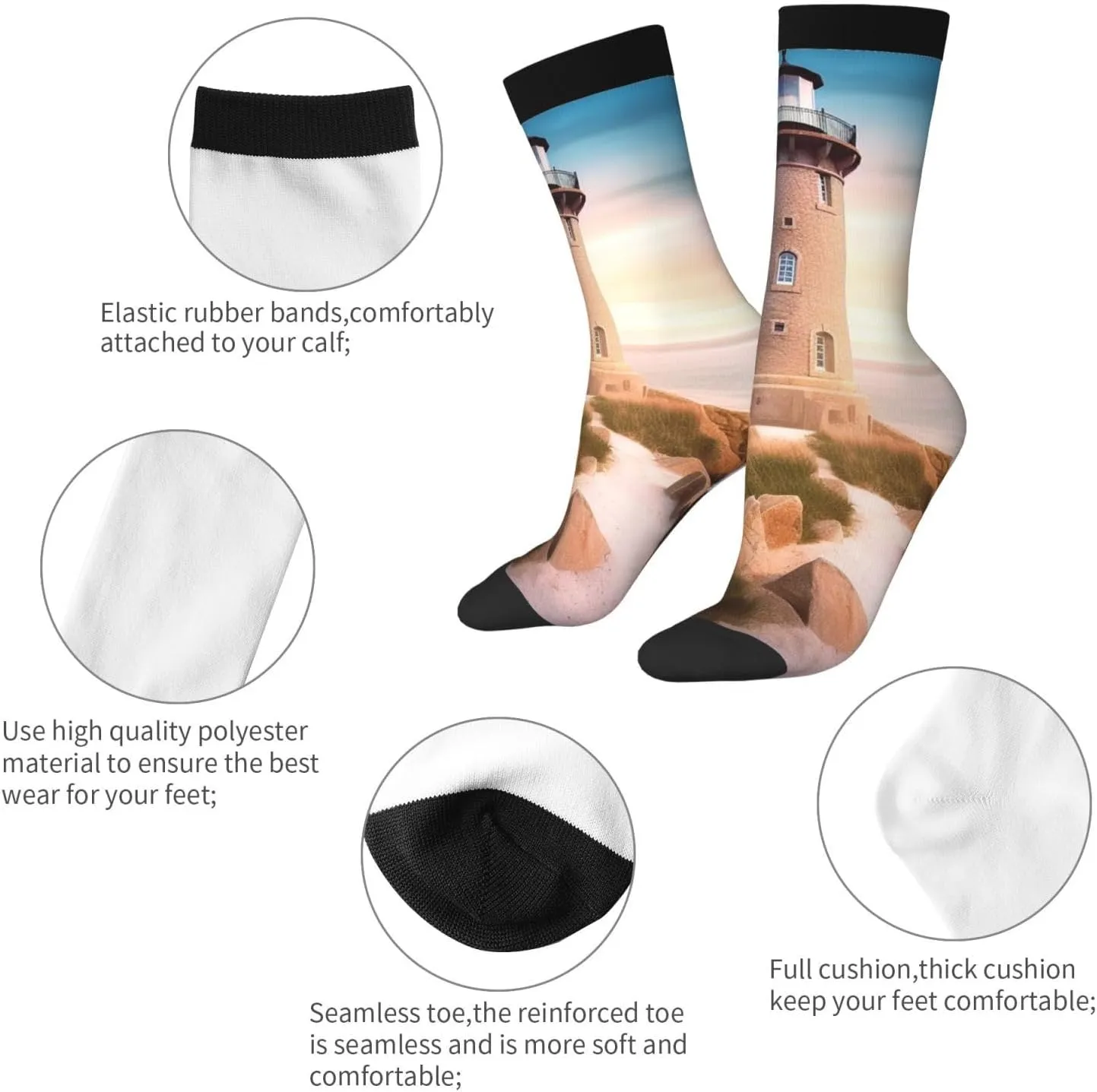 Crew Athletic Socks Moisture-Wicking Running Sock Beach Lighthouse Casual Calf Socks for Men Women