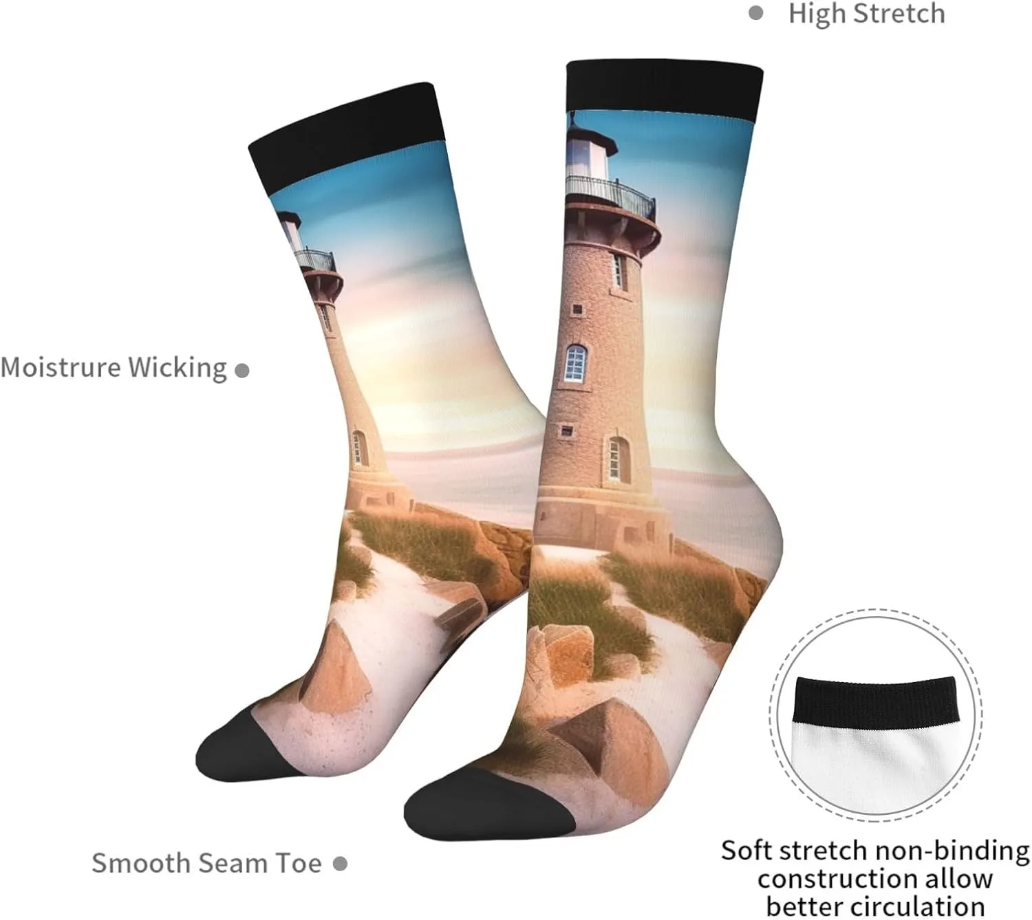Crew Athletic Socks Moisture-Wicking Running Sock Beach Lighthouse Casual Calf Socks for Men Women