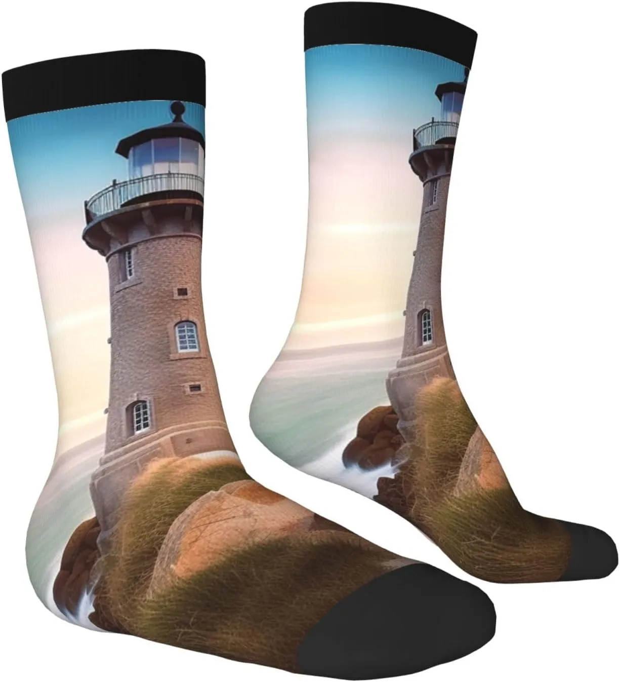 Crew Athletic Socks Moisture-Wicking Running Sock Beach Lighthouse Casual Calf Socks for Men Women