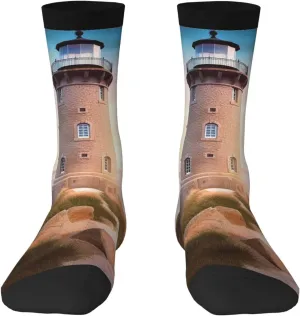 Crew Athletic Socks Moisture-Wicking Running Sock Beach Lighthouse Casual Calf Socks for Men Women