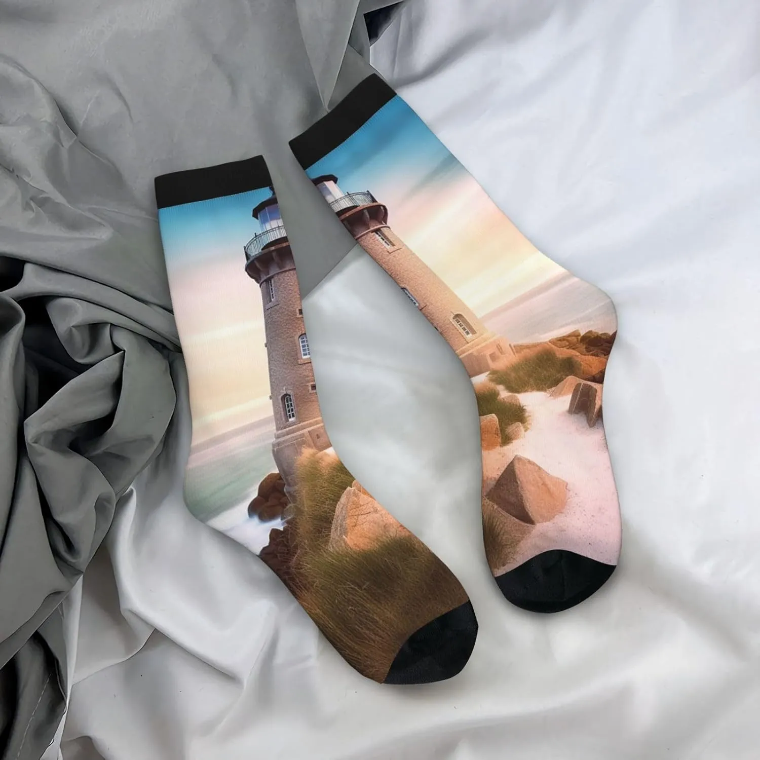 Crew Athletic Socks Moisture-Wicking Running Sock Beach Lighthouse Casual Calf Socks for Men Women