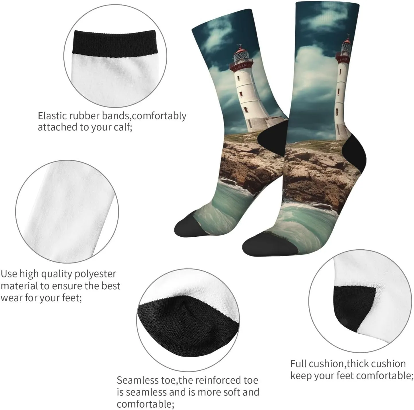 Crew Athletic Socks Moisture-Wicking Running Sock Lighthouse Seaside Casual Calf Socks for Men Women