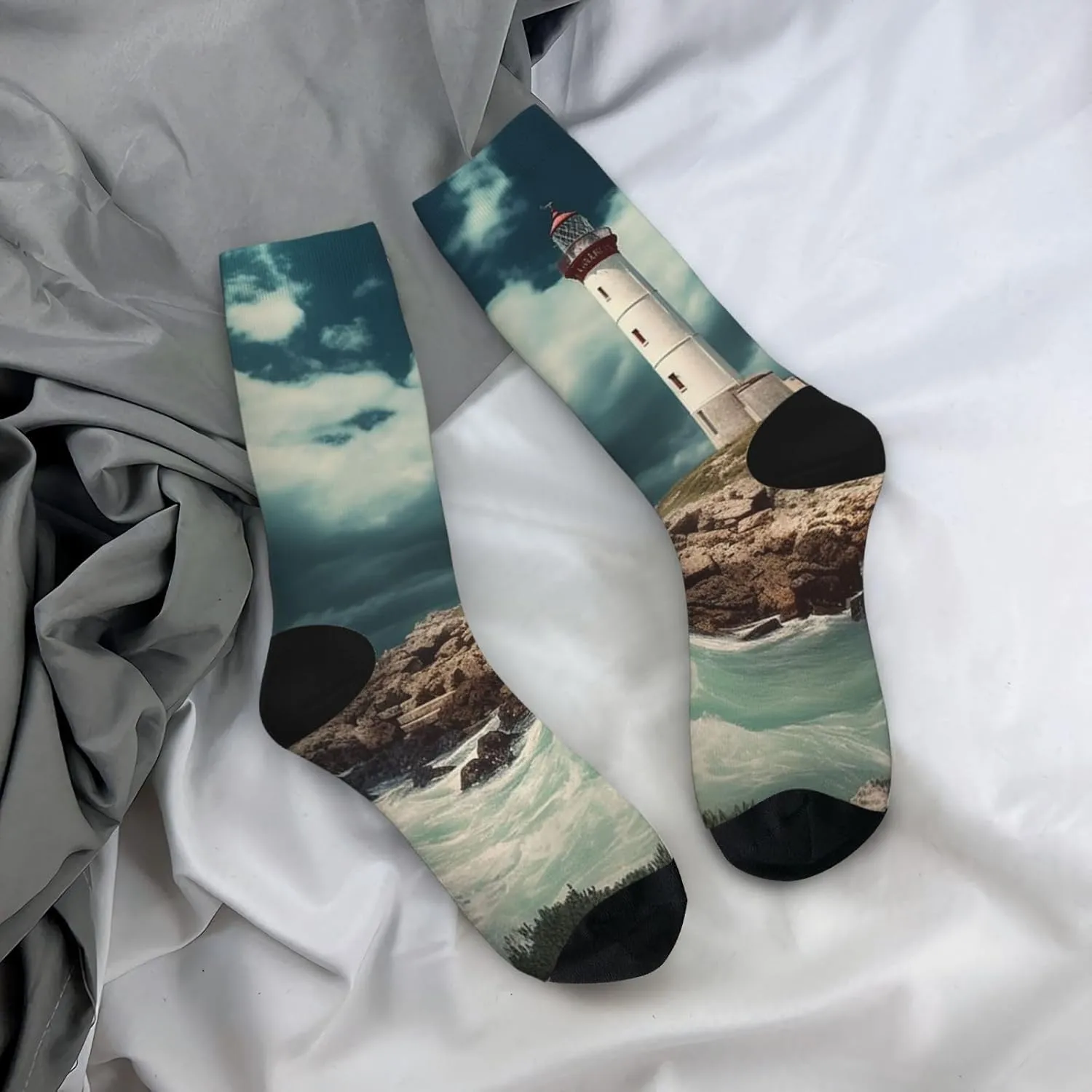 Crew Athletic Socks Moisture-Wicking Running Sock Lighthouse Seaside Casual Calf Socks for Men Women