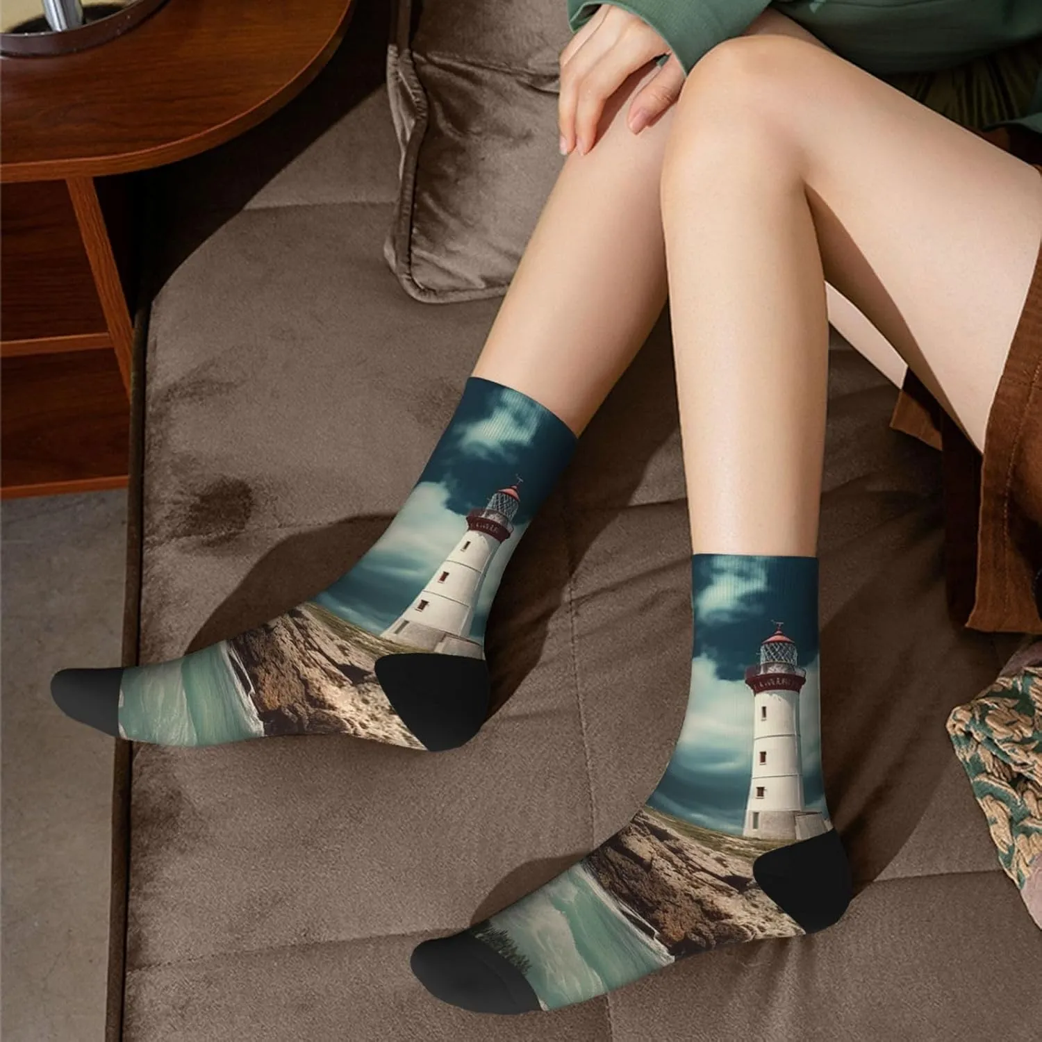 Crew Athletic Socks Moisture-Wicking Running Sock Lighthouse Seaside Casual Calf Socks for Men Women