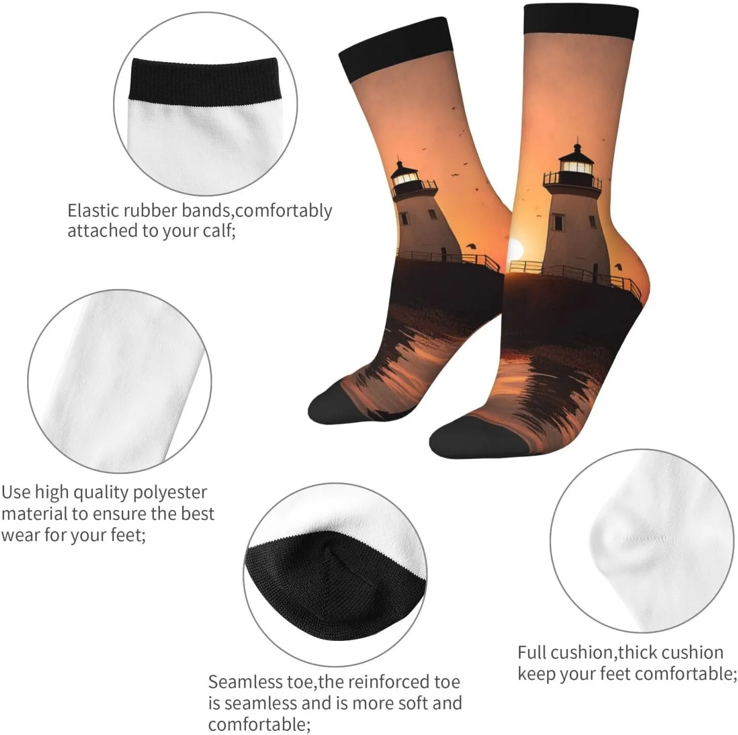 Crew Athletic Socks Moisture-Wicking Running Sock Lighthouse Sunrise Casual Calf Socks for Men Women