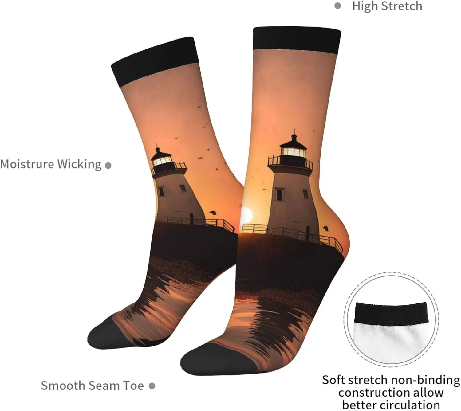 Crew Athletic Socks Moisture-Wicking Running Sock Lighthouse Sunrise Casual Calf Socks for Men Women