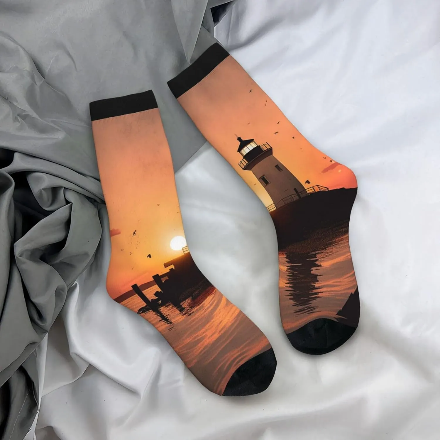 Crew Athletic Socks Moisture-Wicking Running Sock Lighthouse Sunrise Casual Calf Socks for Men Women