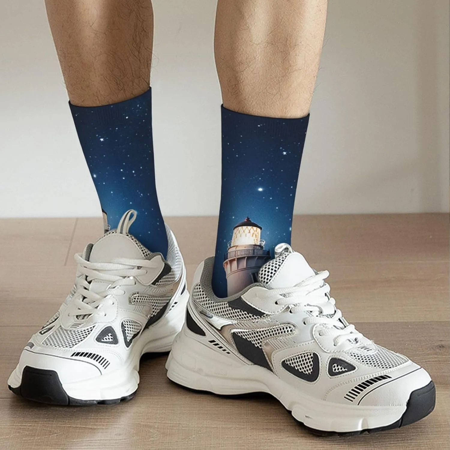 Crew Athletic Socks Moisture-Wicking Running Sock Lighthouse Under Starry Night Sky Casual Calf Socks for Men Women