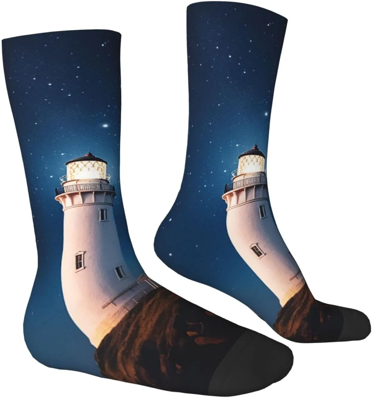 Crew Athletic Socks Moisture-Wicking Running Sock Lighthouse Under Starry Night Sky Casual Calf Socks for Men Women