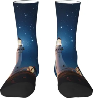 Crew Athletic Socks Moisture-Wicking Running Sock Lighthouse Under Starry Night Sky Casual Calf Socks for Men Women