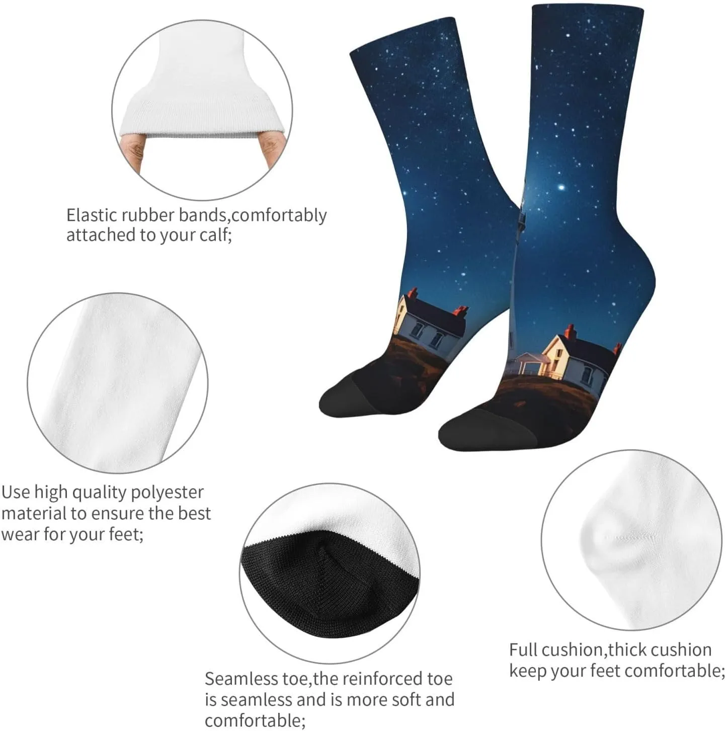 Crew Athletic Socks Moisture-Wicking Running Sock Lighthouse Under Starry Night Sky Casual Calf Socks for Men Women