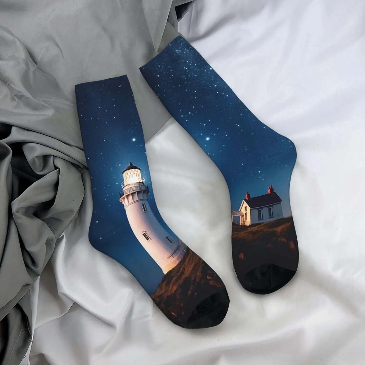 Crew Athletic Socks Moisture-Wicking Running Sock Lighthouse Under Starry Night Sky Casual Calf Socks for Men Women