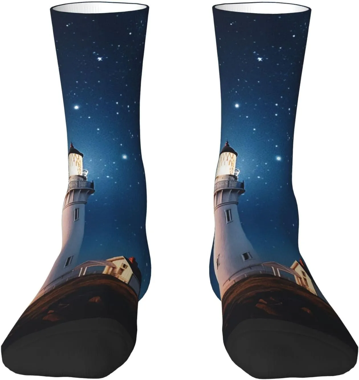 Crew Athletic Socks Moisture-Wicking Running Sock Lighthouse Under Starry Night Sky Casual Calf Socks for Men Women