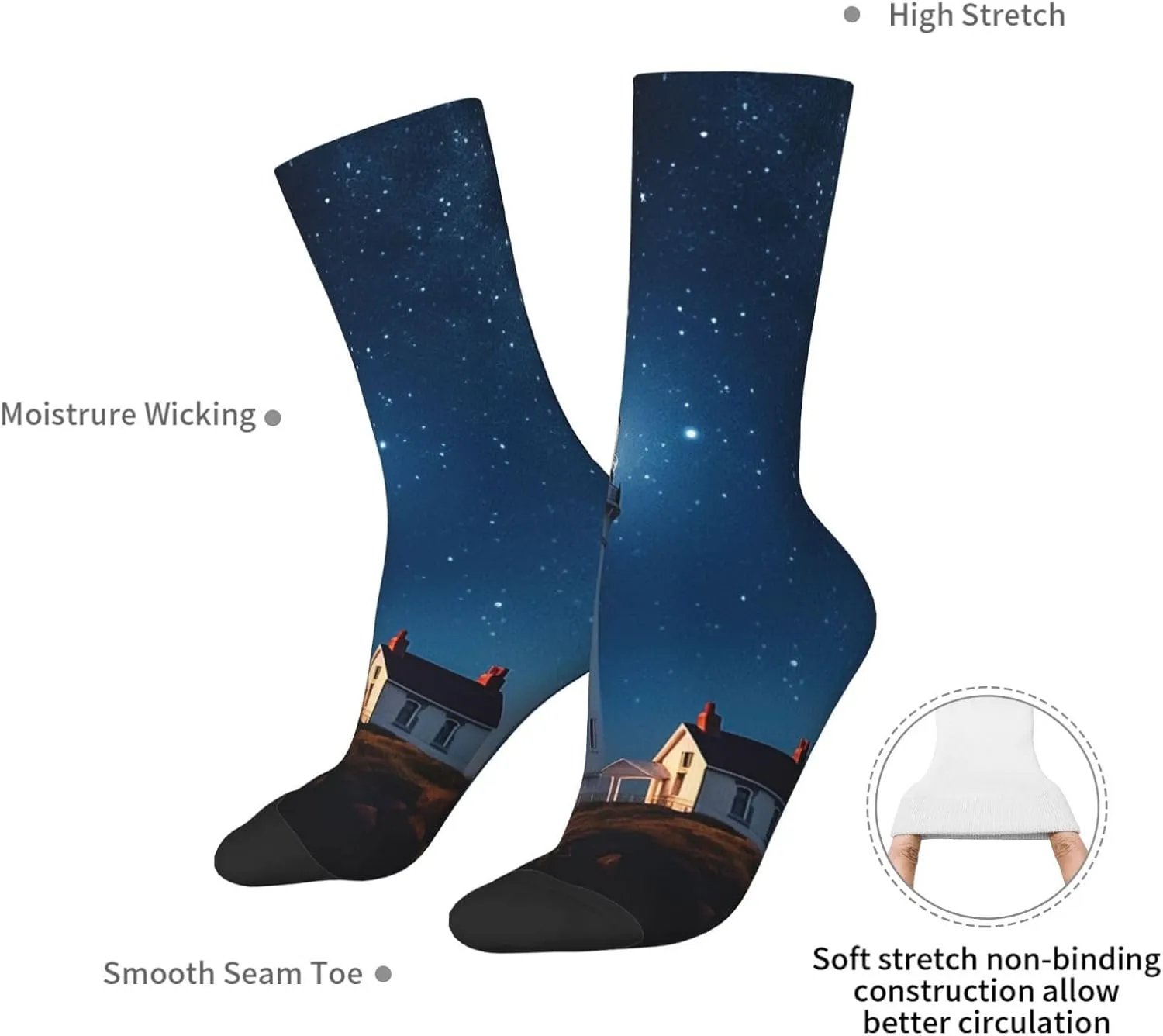 Crew Athletic Socks Moisture-Wicking Running Sock Lighthouse Under Starry Night Sky Casual Calf Socks for Men Women