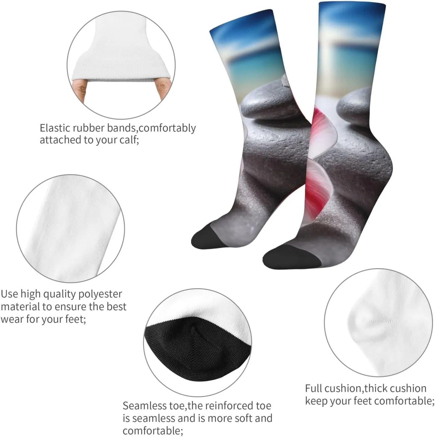 Crew Athletic Socks Moisture-Wicking Running Sock Tropical Flower and Zen Stone Casual Calf Socks for Men Women