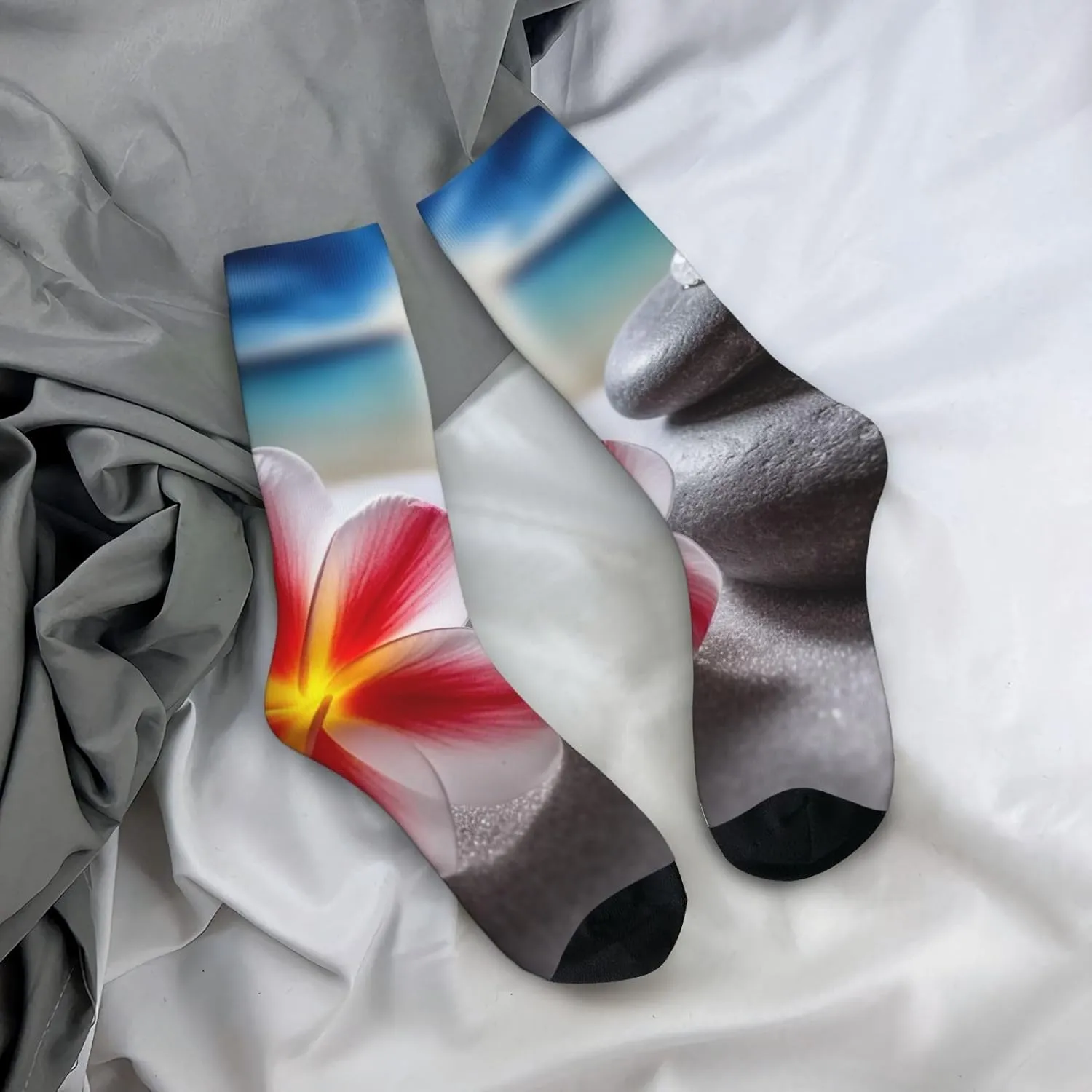 Crew Athletic Socks Moisture-Wicking Running Sock Tropical Flower and Zen Stone Casual Calf Socks for Men Women
