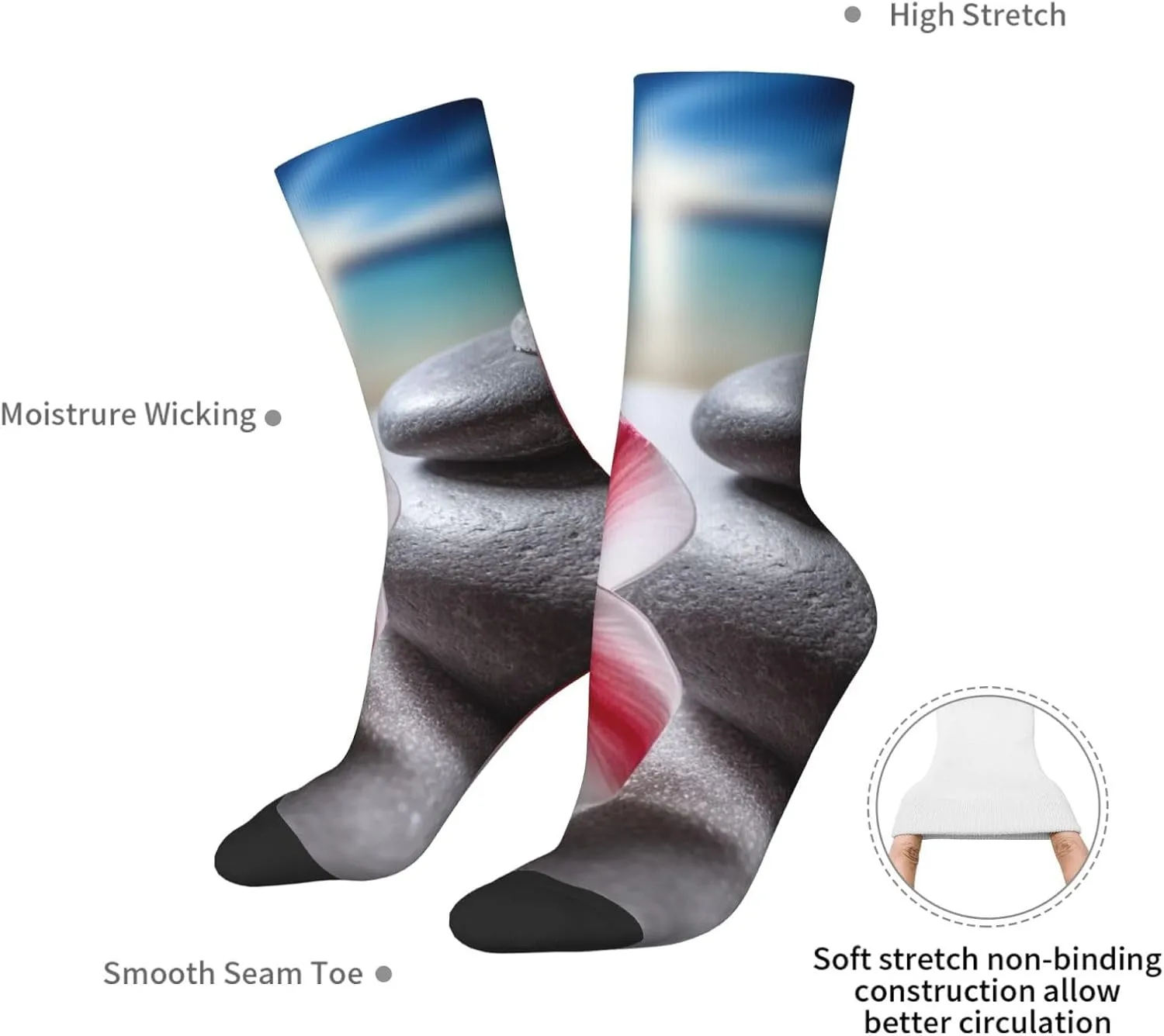 Crew Athletic Socks Moisture-Wicking Running Sock Tropical Flower and Zen Stone Casual Calf Socks for Men Women