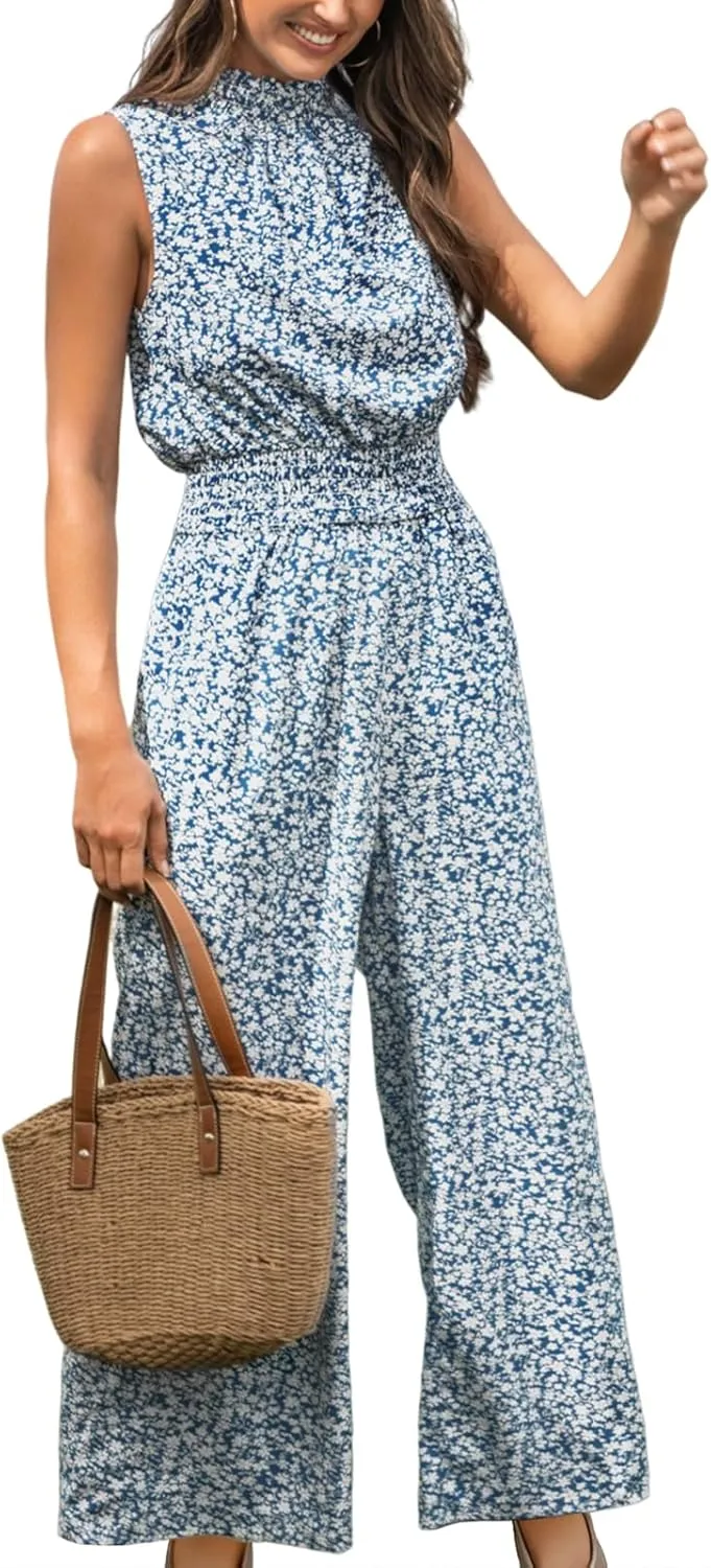 CUPSHE Women Floral Summer Maxi Jumpsuit with Pocket Mock Neck Elastic Waist Wide Leg Business Wedding Casual Holiday Dressy