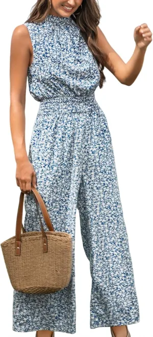 CUPSHE Women Floral Summer Maxi Jumpsuit with Pocket Mock Neck Elastic Waist Wide Leg Business Wedding Casual Holiday Dressy