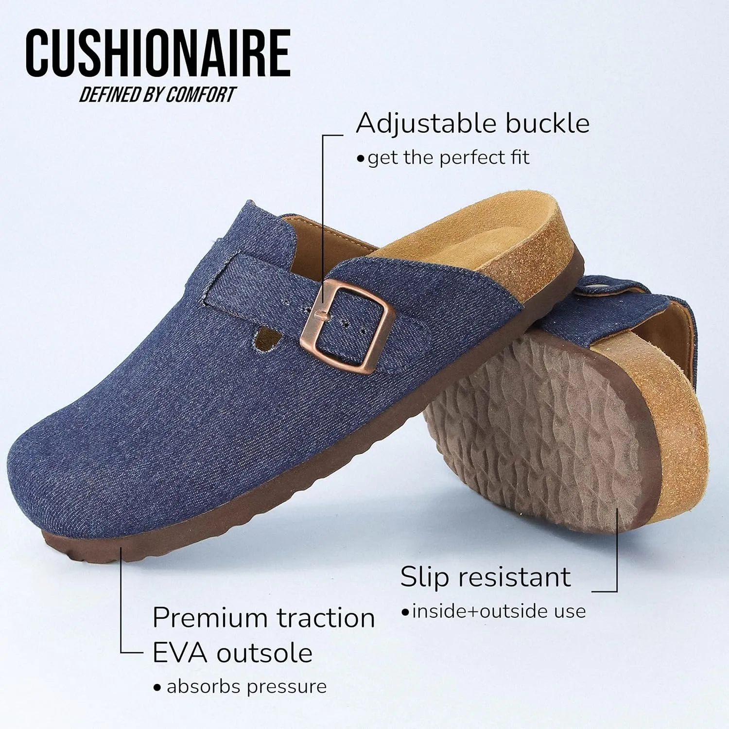 CUSHIONAIRE Hana Slip-On Buckle Clog with Cork Footbed  Memory Foam, Wide Widths Available
