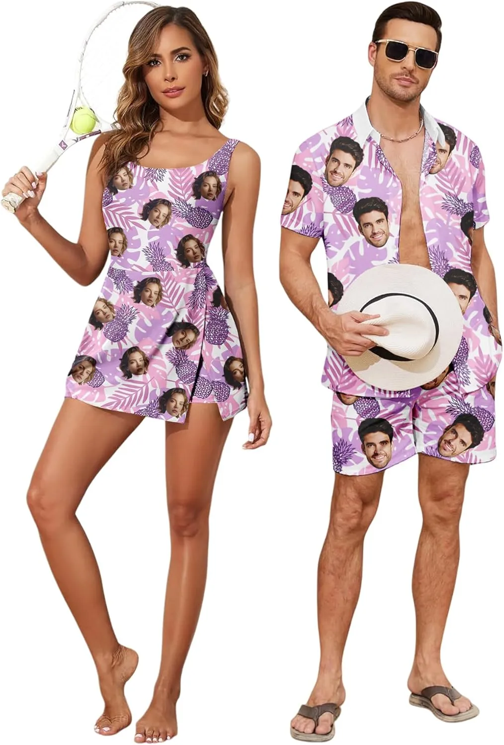 Custom Matching Hawaiian Outfits for Couples Personalized Beach Vacation Tropical Print Men Shirt Suit