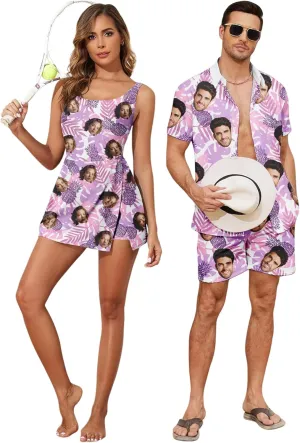 Custom Matching Hawaiian Outfits for Couples Personalized Beach Vacation Tropical Print Men Shirt Suit