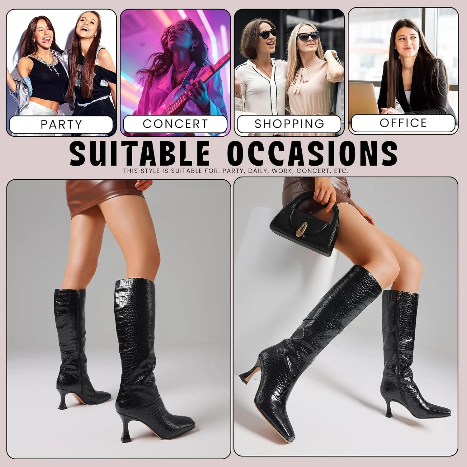 CYNLLIO Knee High Boots Women Square Toe Kitten High Heel Tall Boots Fashion Side Zipper Stiletto Heel Long Boots