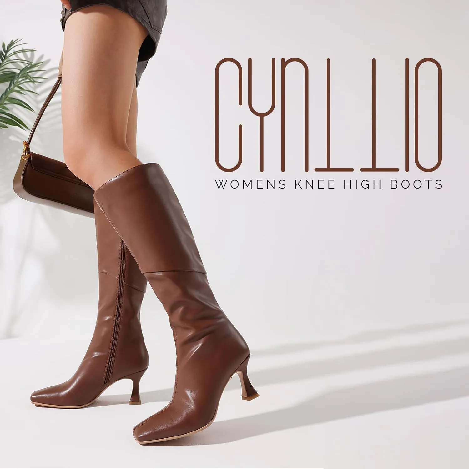CYNLLIO Knee High Boots Women Square Toe Kitten High Heel Tall Boots Fashion Side Zipper Stiletto Heel Long Boots