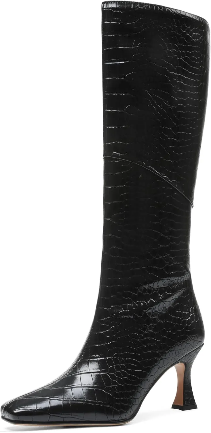 CYNLLIO Knee High Boots Women Square Toe Kitten High Heel Tall Boots Fashion Side Zipper Stiletto Heel Long Boots