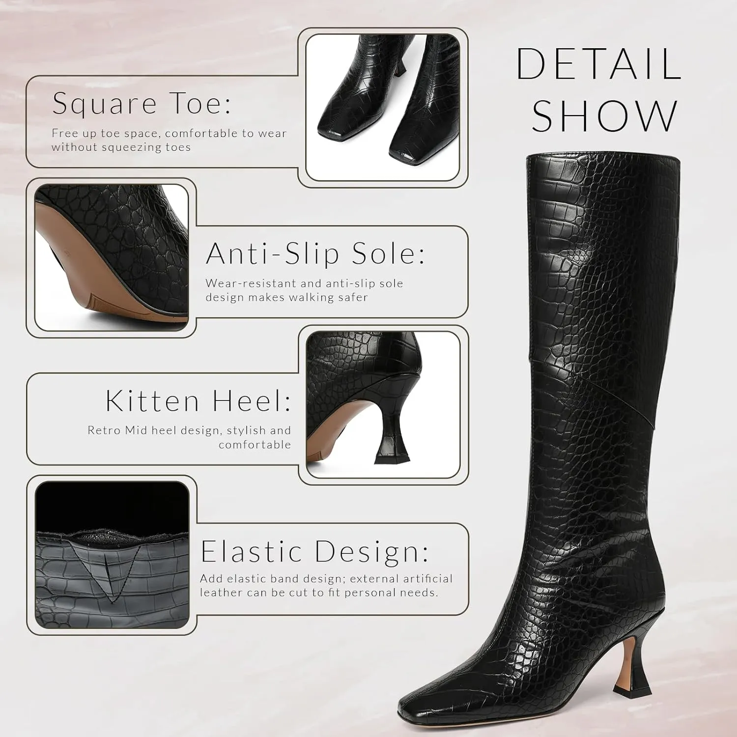 CYNLLIO Knee High Boots Women Square Toe Kitten High Heel Tall Boots Fashion Side Zipper Stiletto Heel Long Boots