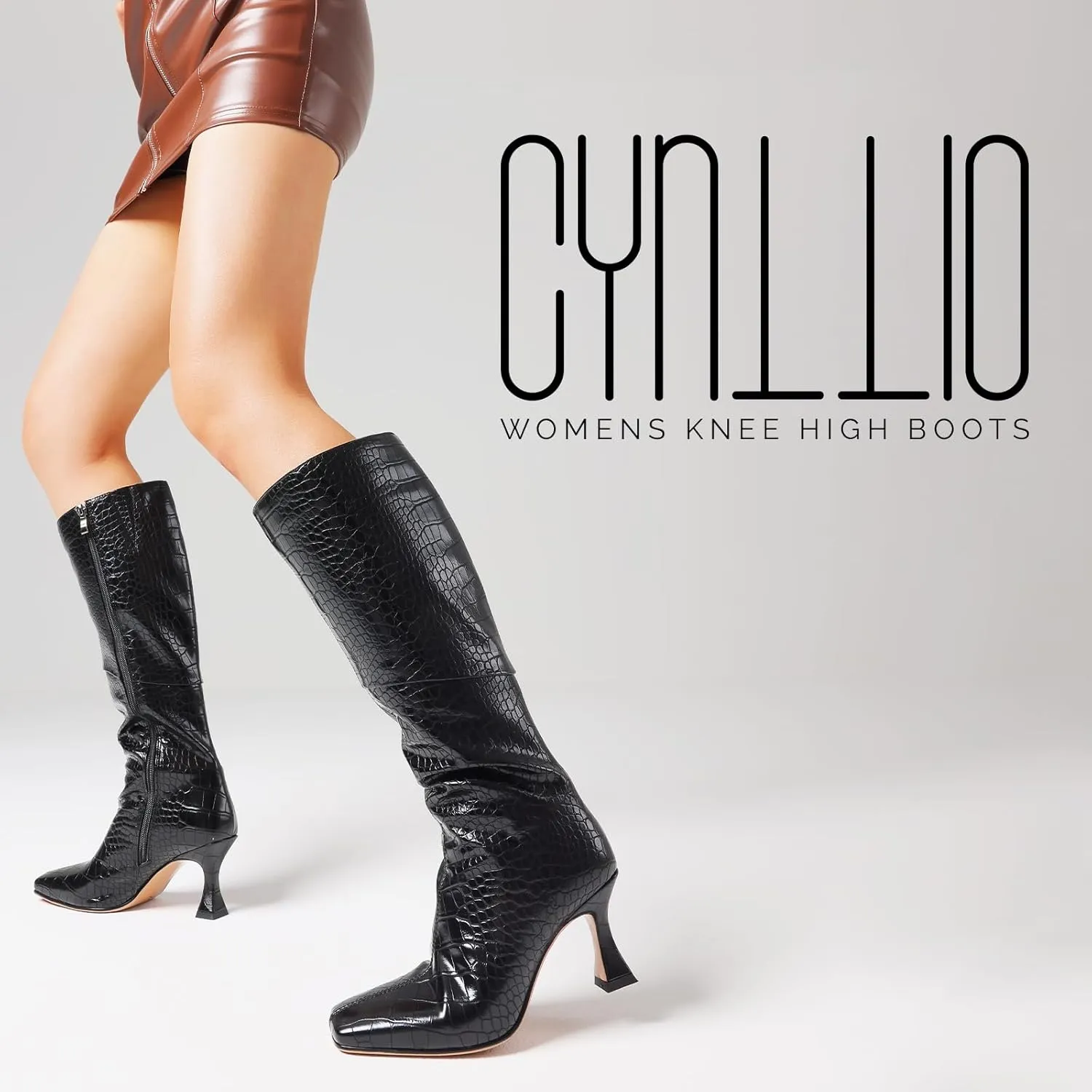 CYNLLIO Knee High Boots Women Square Toe Kitten High Heel Tall Boots Fashion Side Zipper Stiletto Heel Long Boots