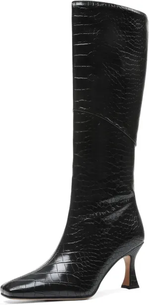CYNLLIO Knee High Boots Women Square Toe Kitten High Heel Tall Boots Fashion Side Zipper Stiletto Heel Long Boots