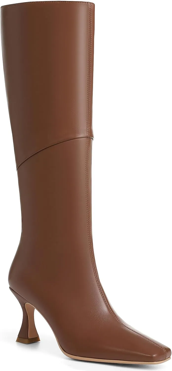 CYNLLIO Knee High Boots Women Square Toe Kitten High Heel Tall Boots Fashion Side Zipper Stiletto Heel Long Boots