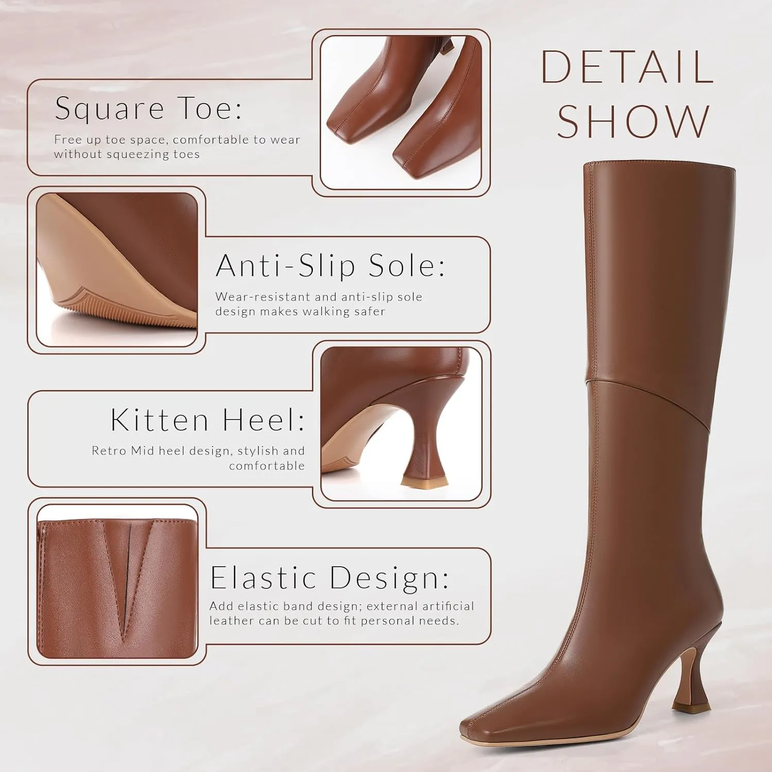 CYNLLIO Knee High Boots Women Square Toe Kitten High Heel Tall Boots Fashion Side Zipper Stiletto Heel Long Boots