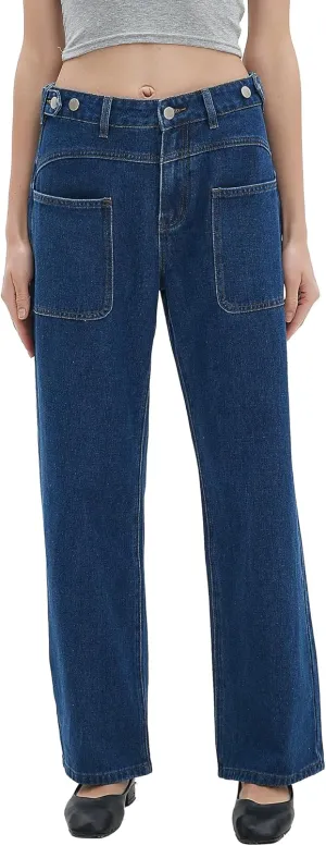D-Sun Women Wide Leg Jeans Mid Rise Casual Straight Leg Denim Pants Baggy Boyfriend Cargo Jeans with Pockets